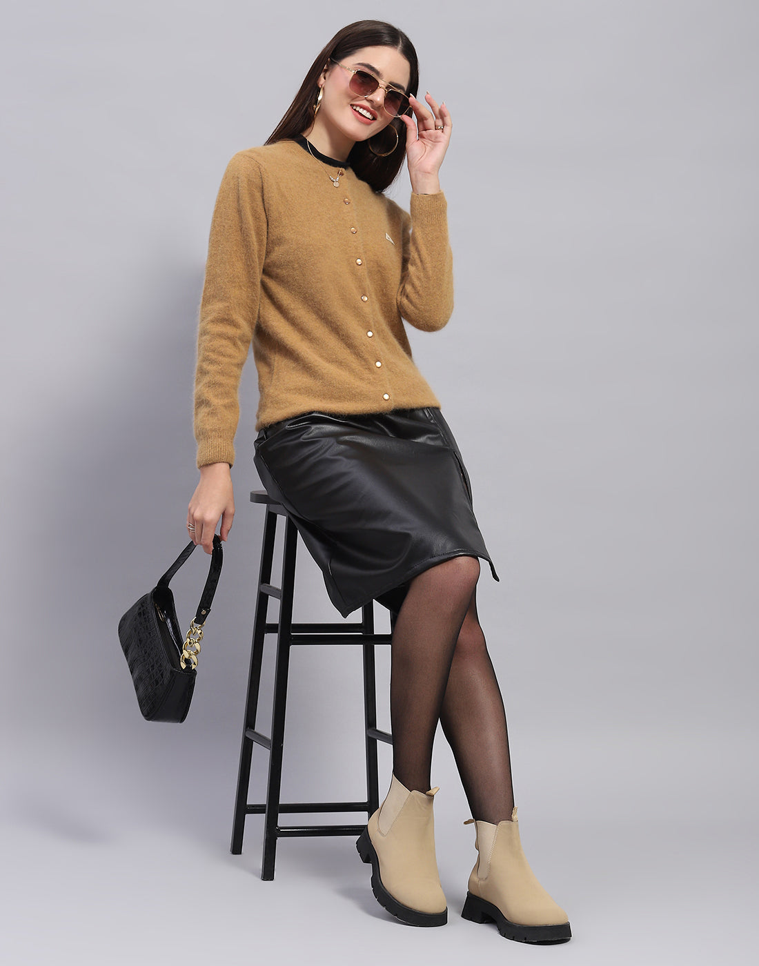 Women Brown Solid Round Neck Full Sleeve Cardigan