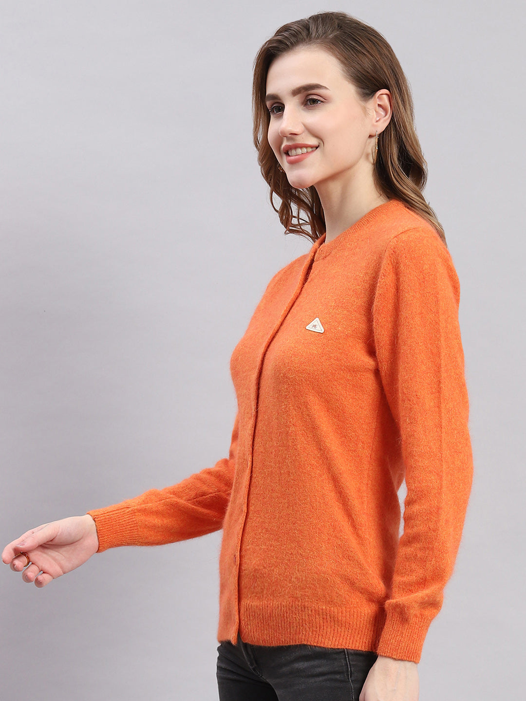 Women Orange Solid Round Neck Full Sleeve Cardigans