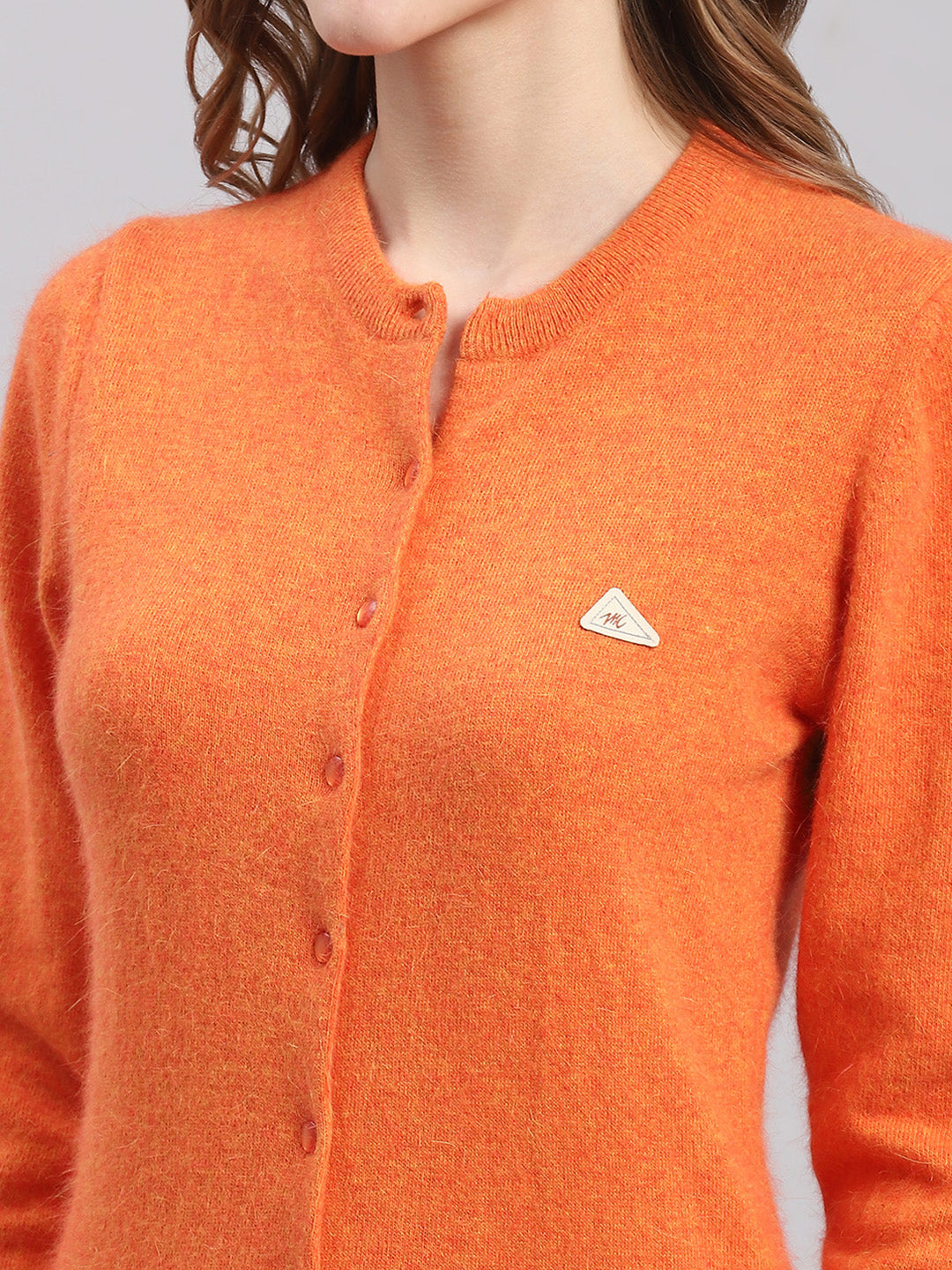 Women Orange Solid Round Neck Full Sleeve Cardigans