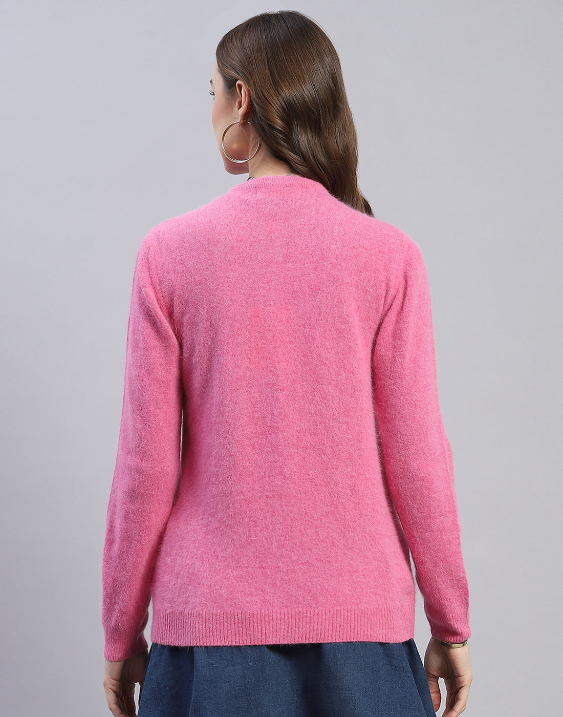 Women Pink Solid Round Neck Full Sleeve Cardigan