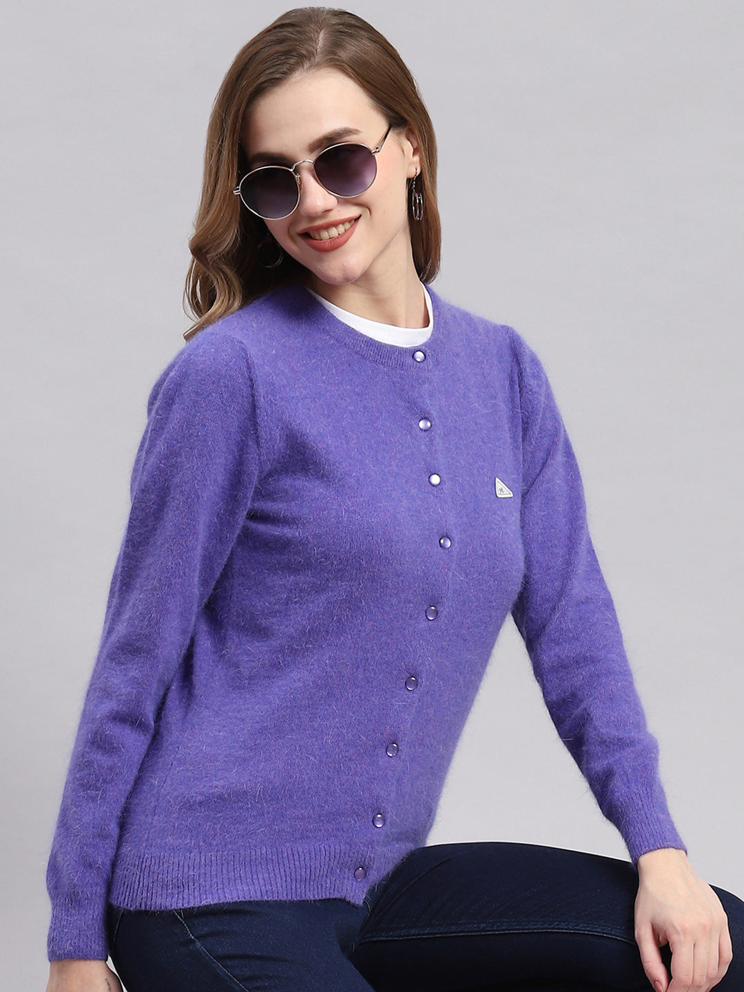 Women Purple Solid Round Neck Full Sleeve Cardigans