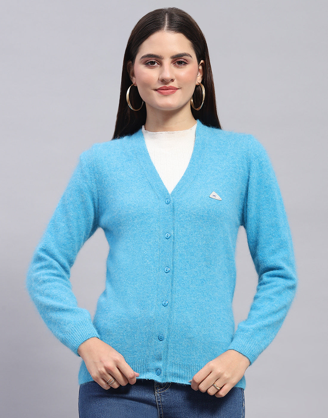 Women Turquoise Blue Solid V Neck Full Sleeve Cardigan