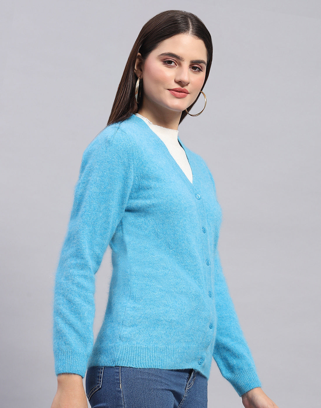 Women Turquoise Blue Solid V Neck Full Sleeve Cardigan