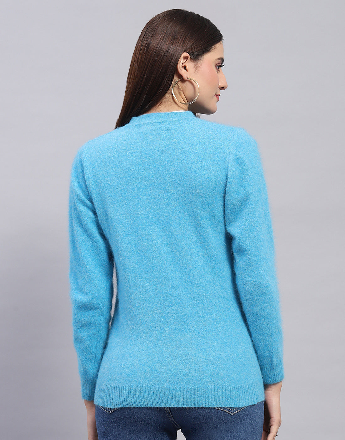 Women Turquoise Blue Solid V Neck Full Sleeve Cardigan