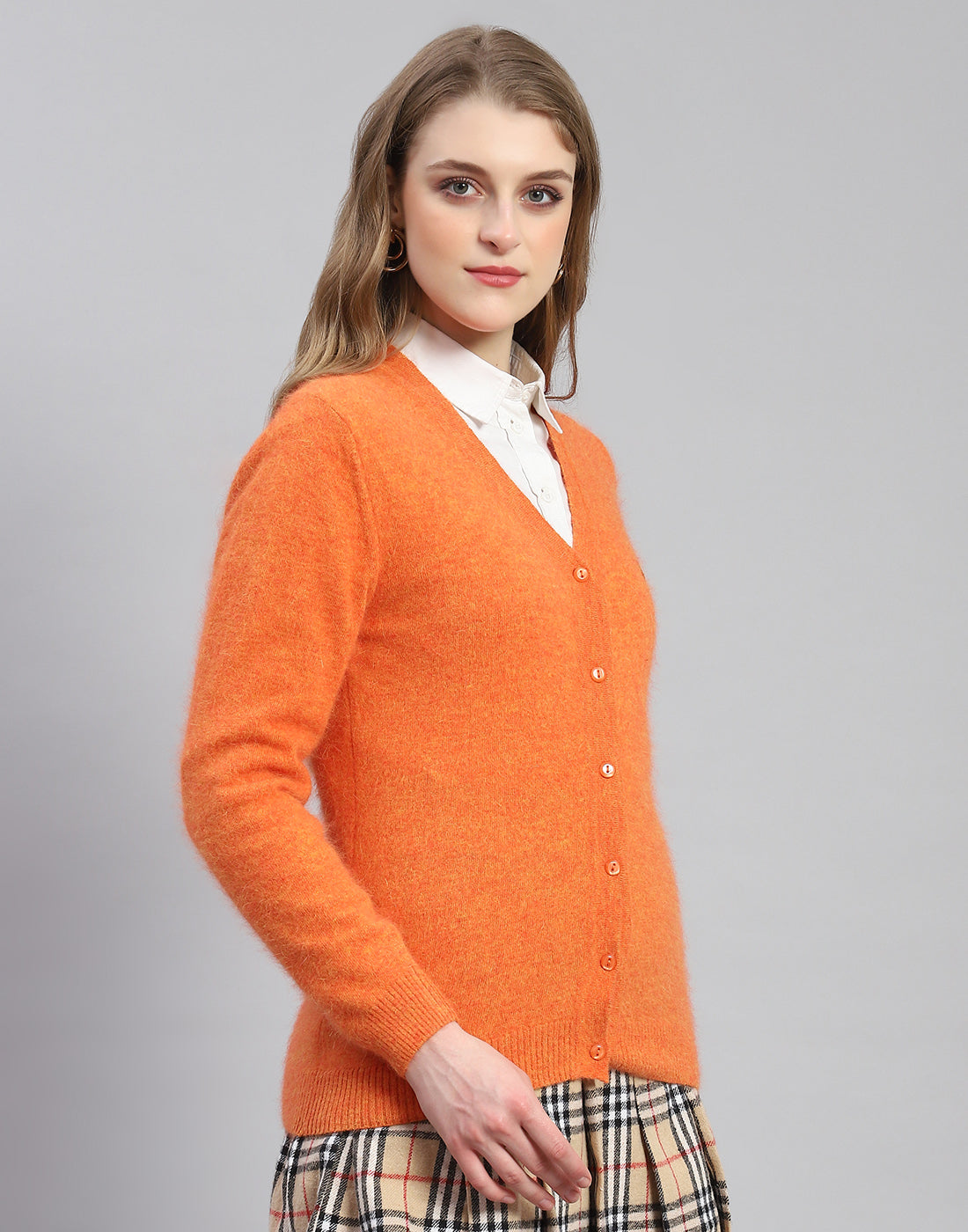 Women Orange Solid V Neck Full Sleeve Cardigan