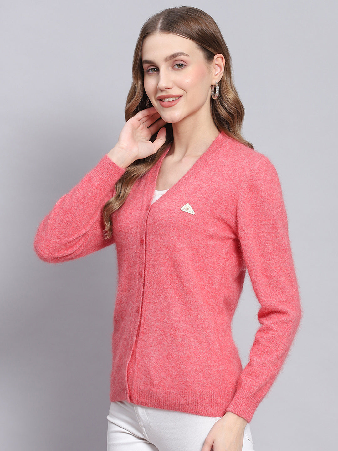 Women Pink Solid V Neck Full Sleeve Cardigans