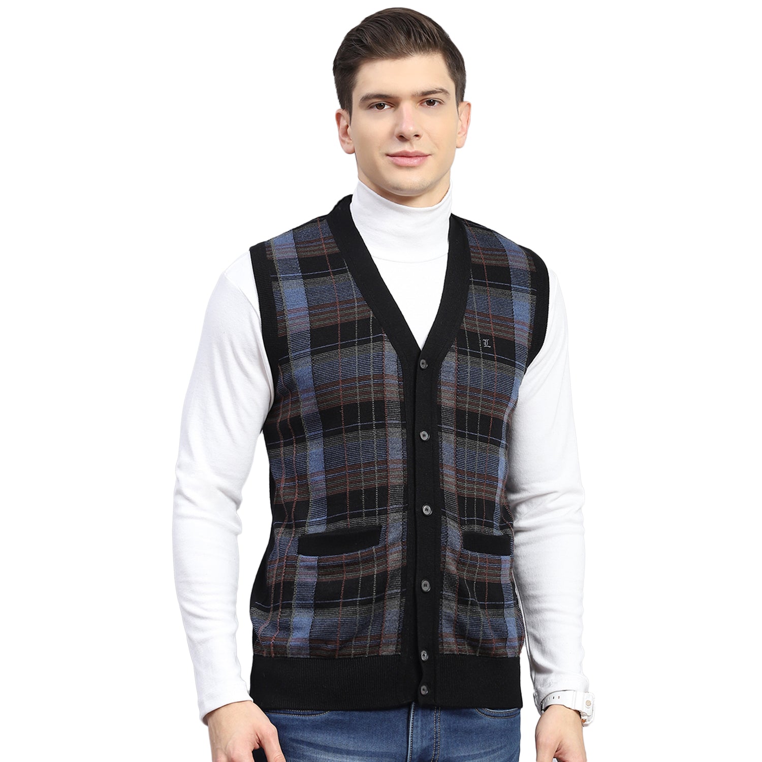 Men Black Check V Neck Sleeveless Sweater