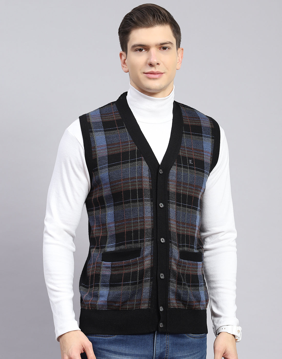 Men Black Check V Neck Sleeveless Sweater