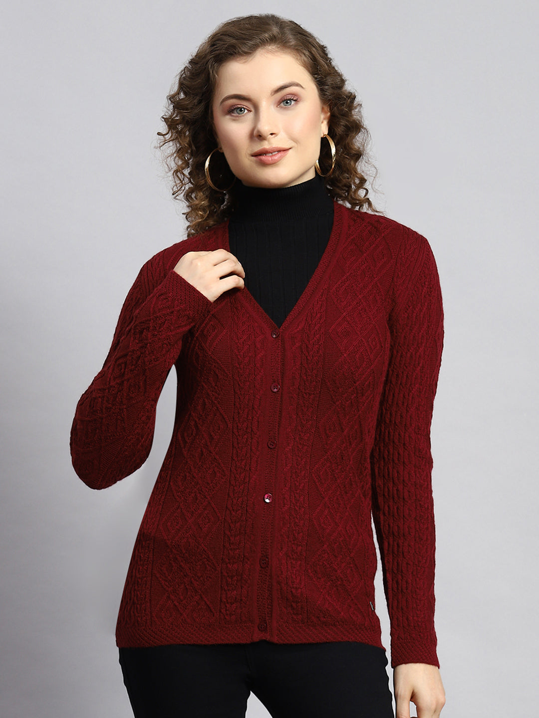 Women Maroon Self Cardigan