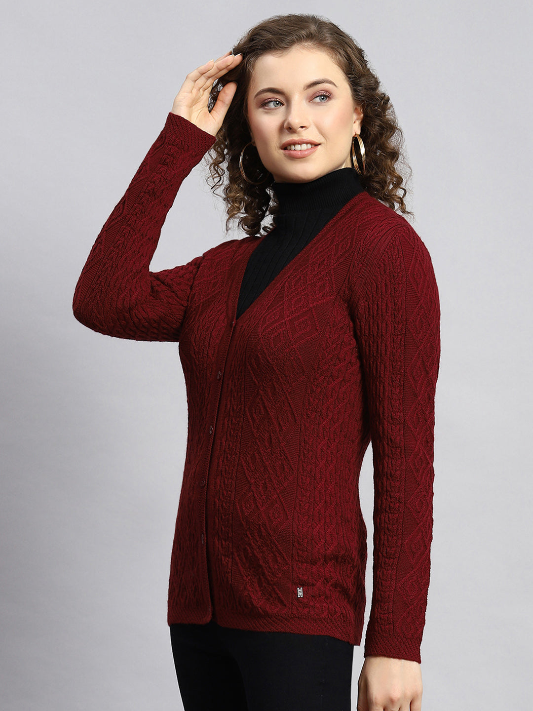 Women Maroon Self Cardigan