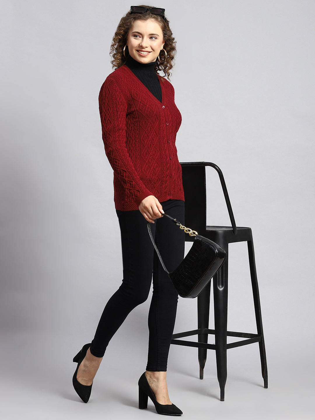Women Maroon Self Cardigan