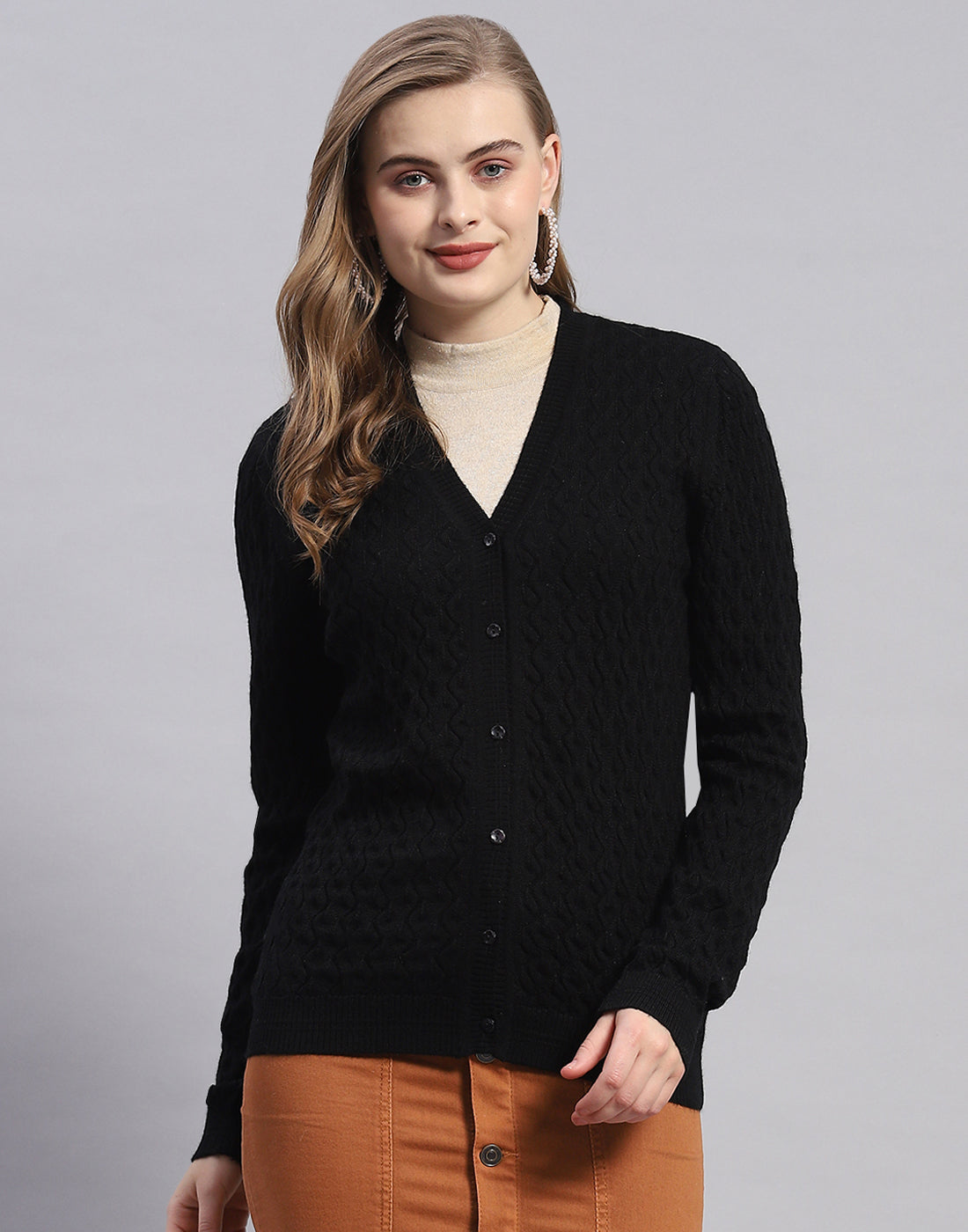 Women Black Solid V Neck Full Sleeve Cardigan