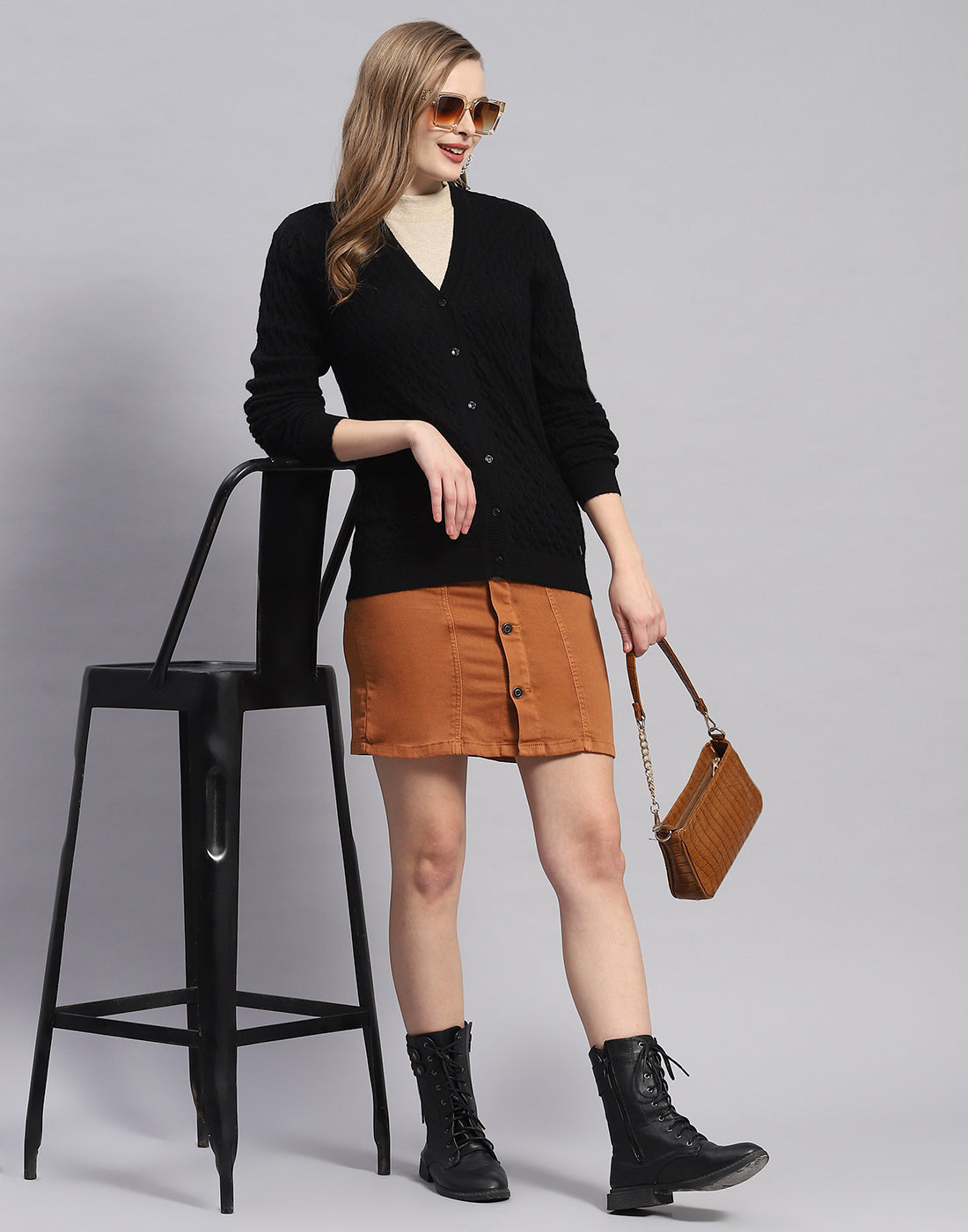 Women Black Solid V Neck Full Sleeve Cardigan