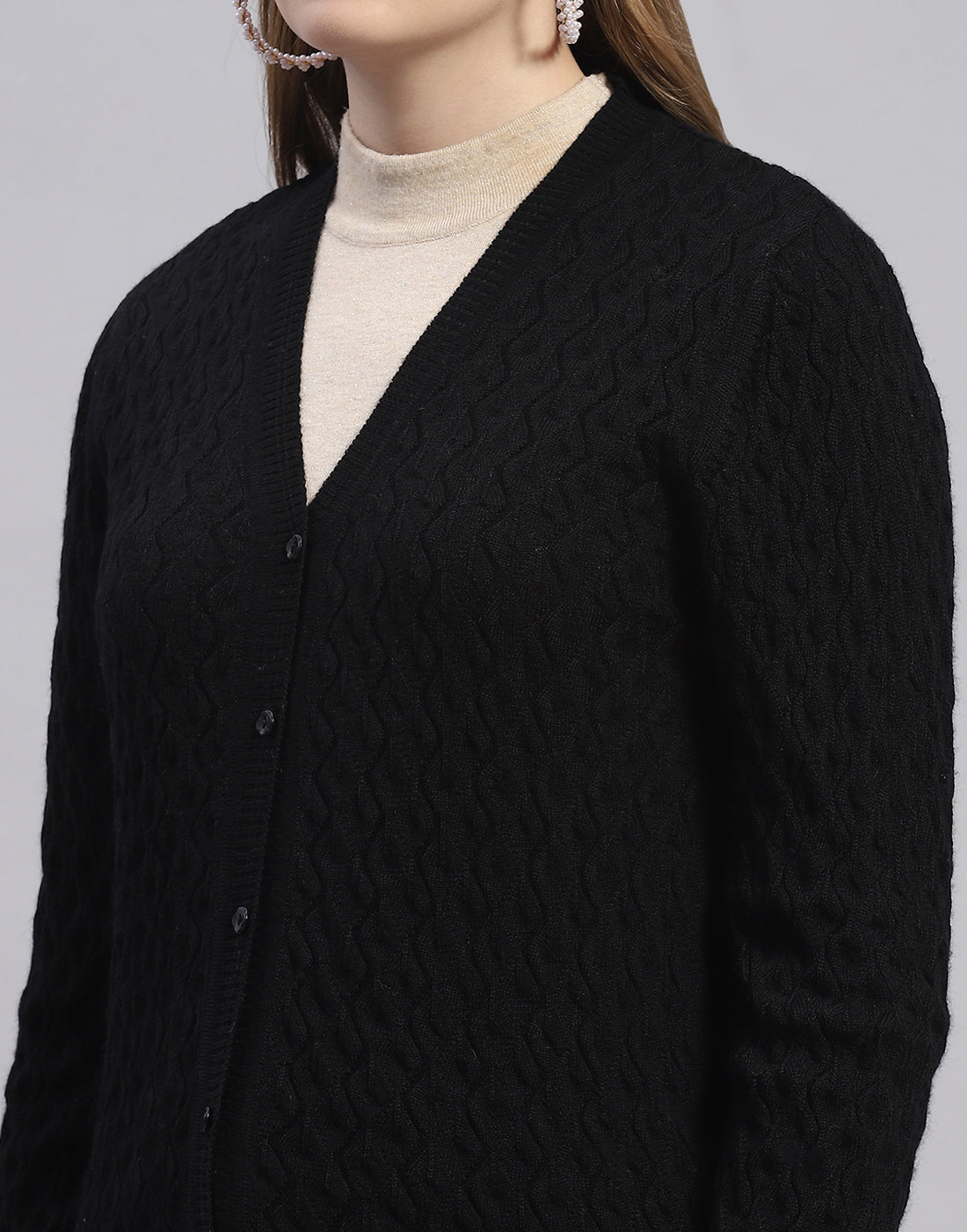 Women Black Solid V Neck Full Sleeve Cardigan