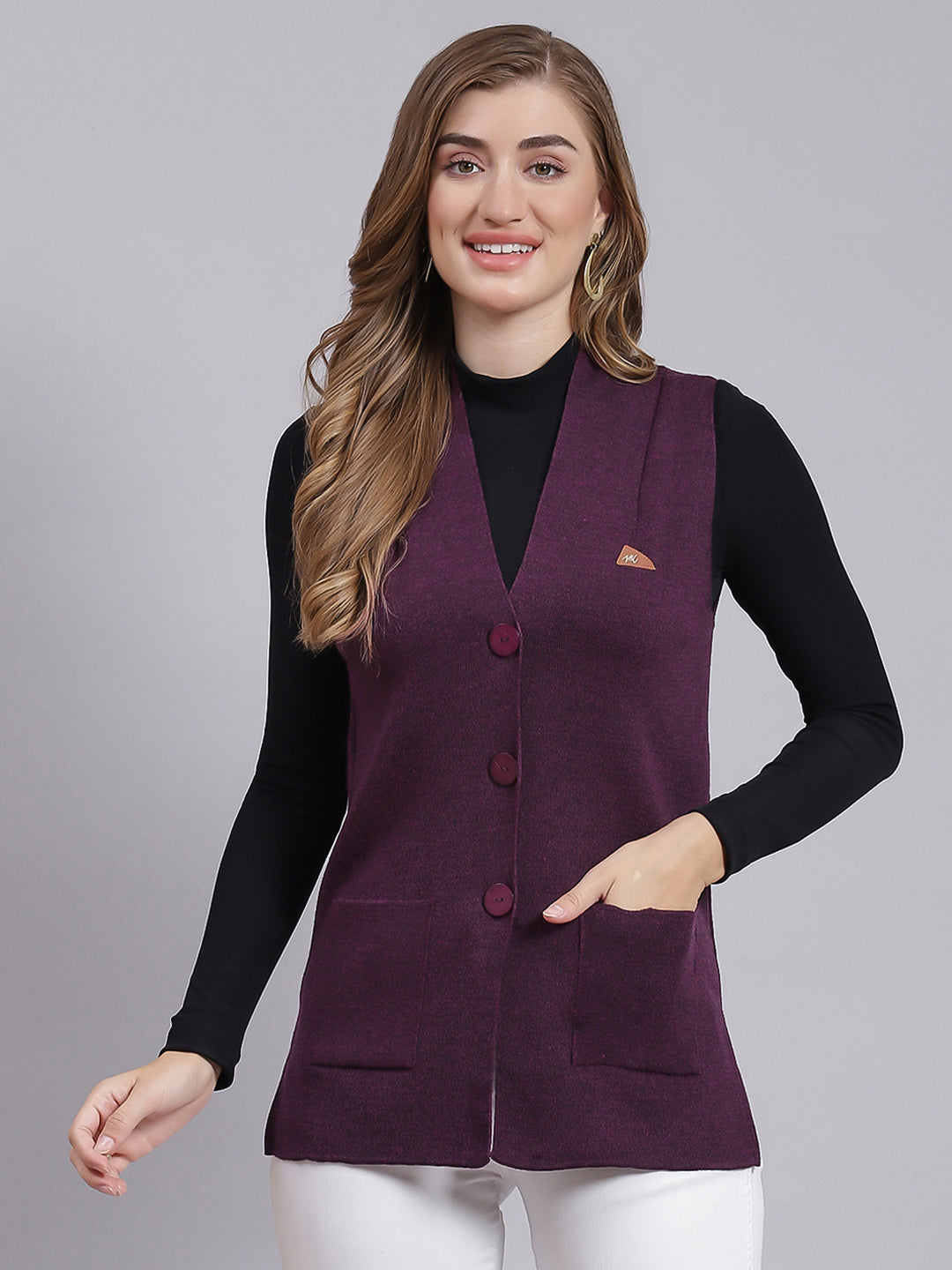Women Purple Solid Pure wool Cardigan