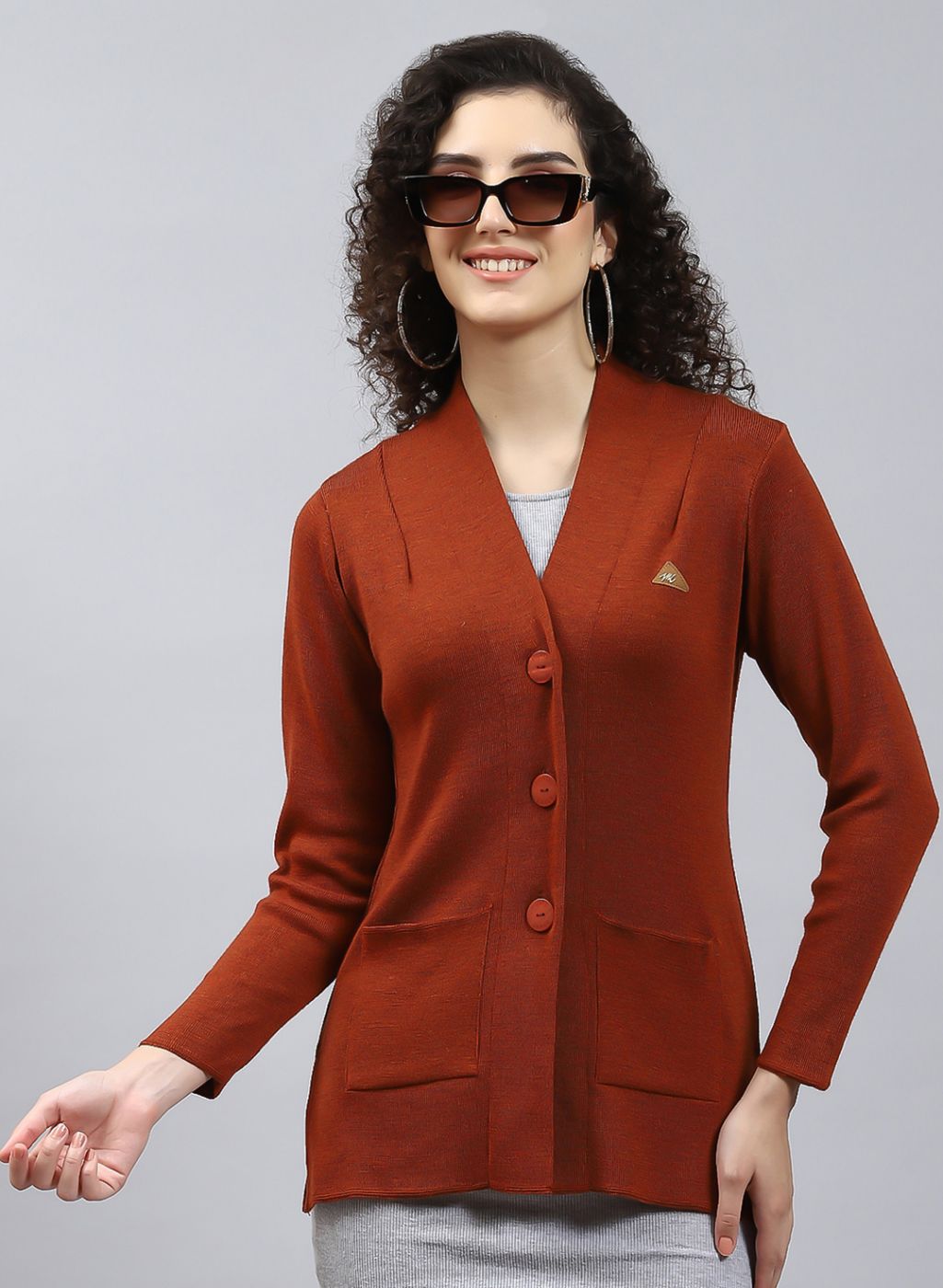 Women Orange Solid Pure wool Cardigan