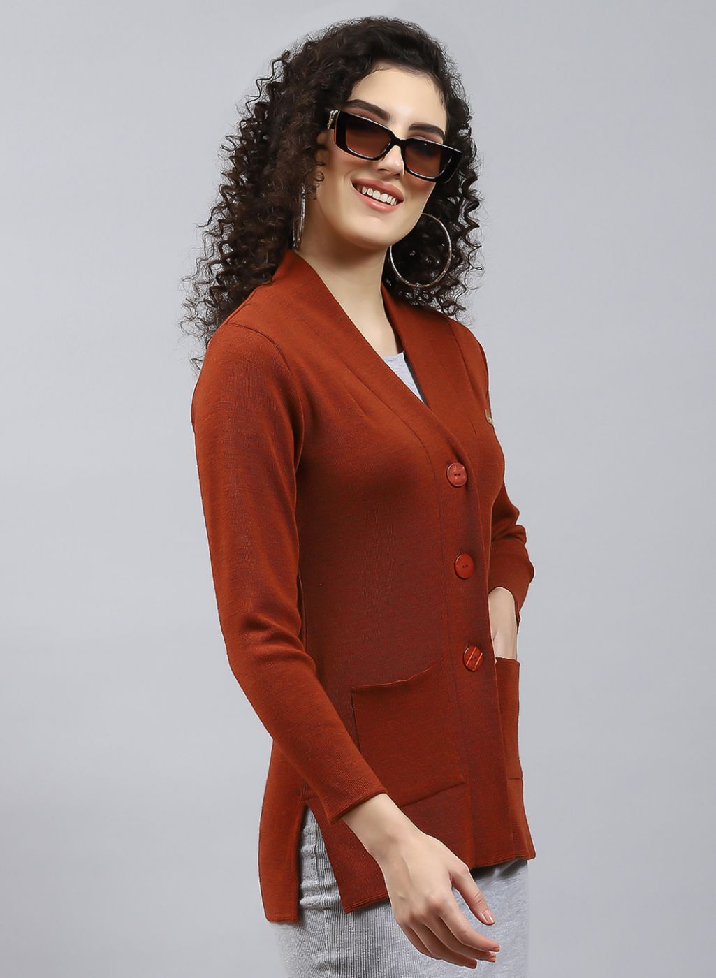 Women Orange Solid Pure wool Cardigan