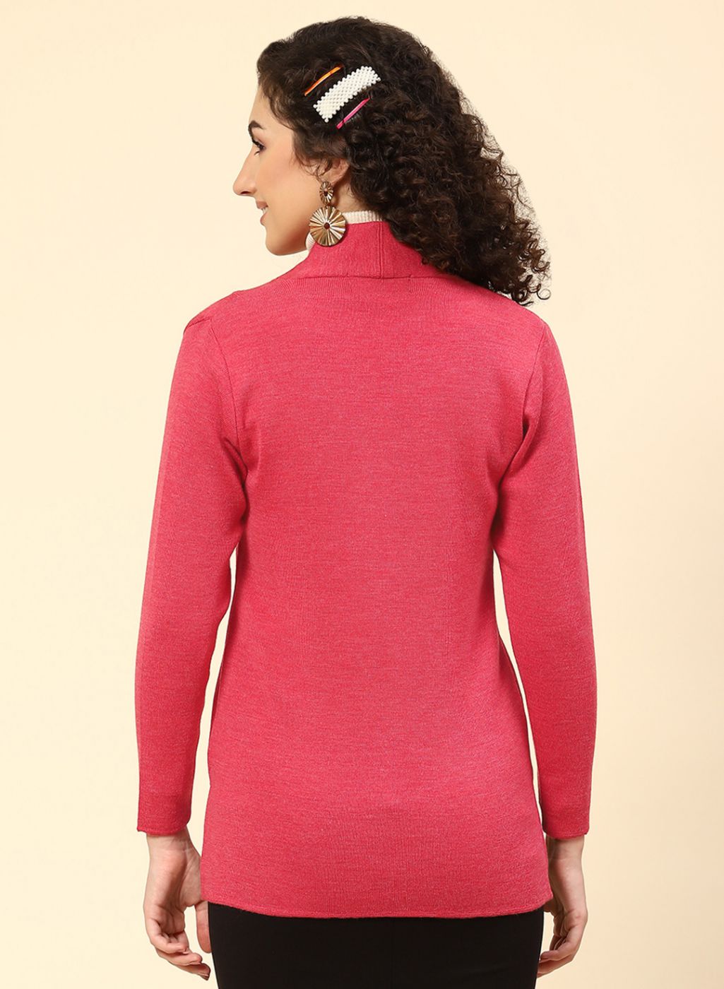 Women Red Solid Pure wool Cardigan