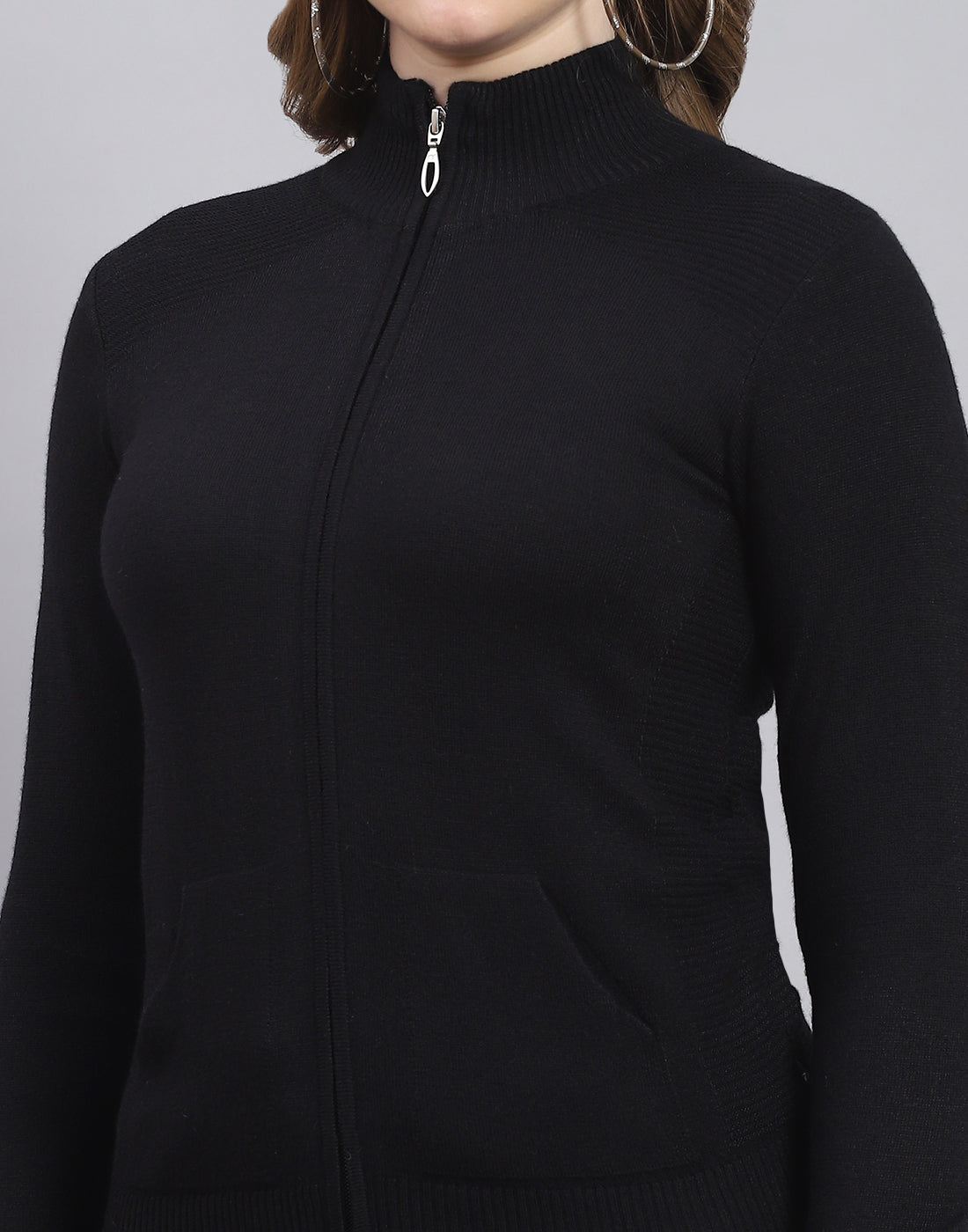 Women Black Solid Stand Collar Full Sleeve Sweater