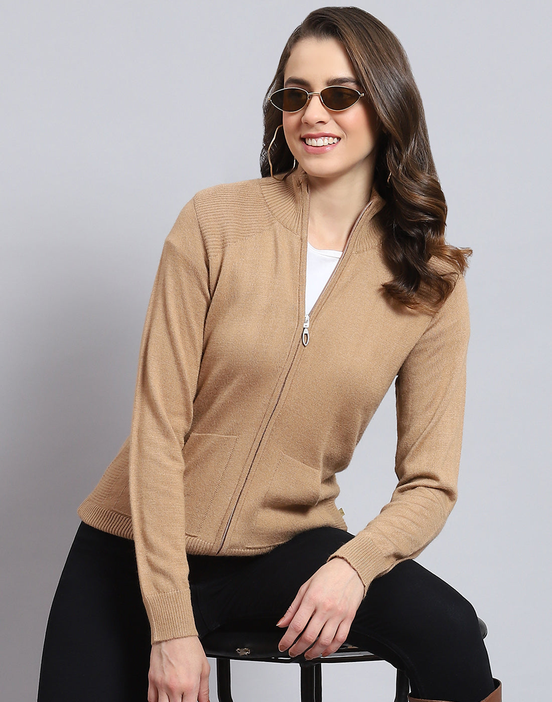 Women Brown Solid H Neck Full Sleeve Cardigan