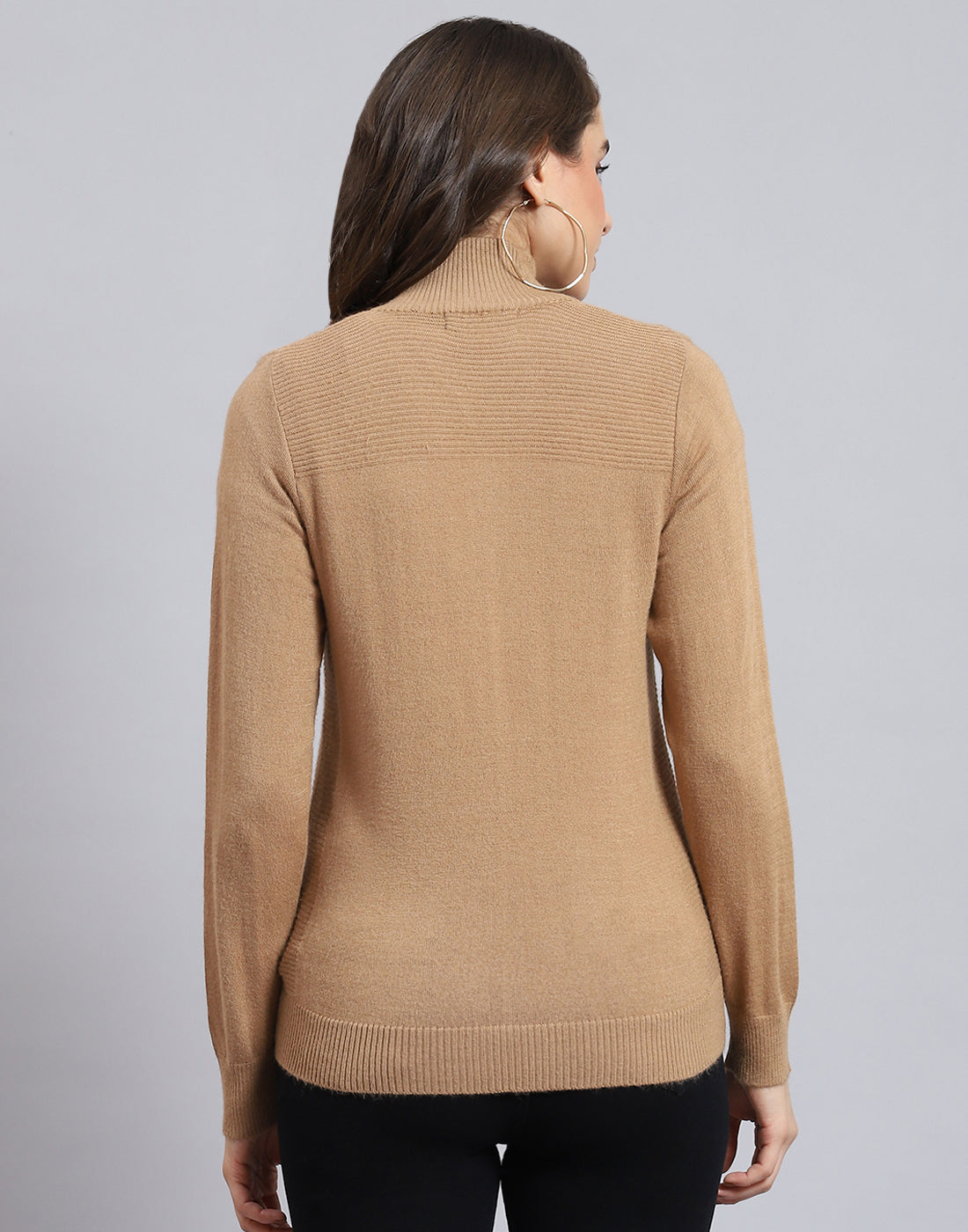 Women Brown Solid H Neck Full Sleeve Cardigan