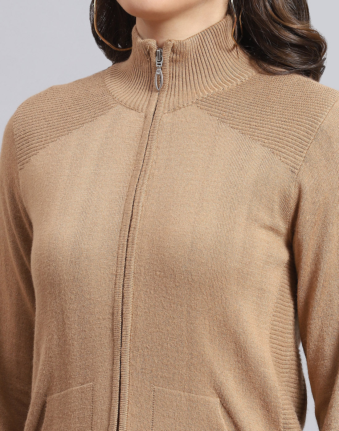 Women Brown Solid H Neck Full Sleeve Cardigan