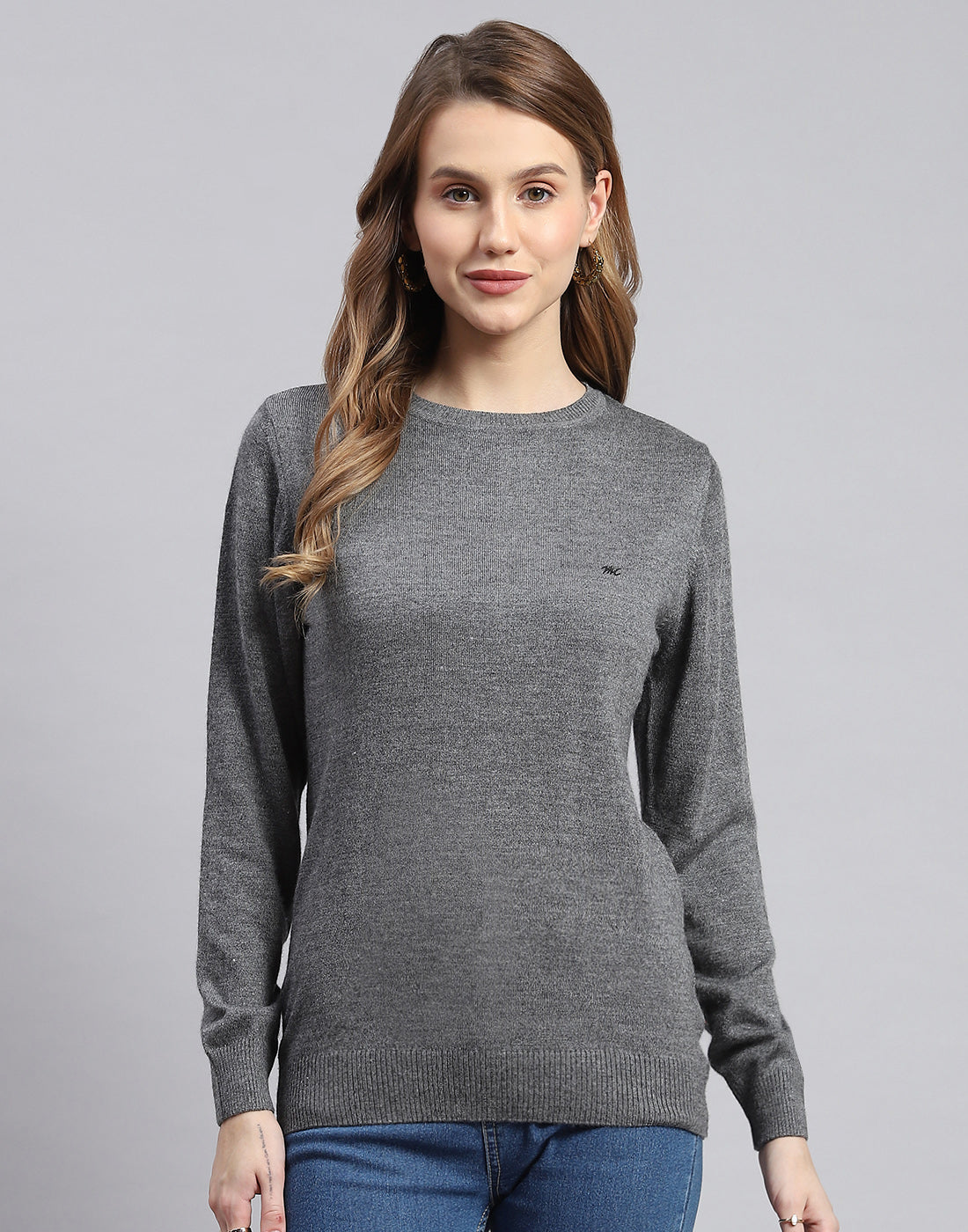 Women Grey Solid Round Neck Full Sleeve Sweater - Main Image