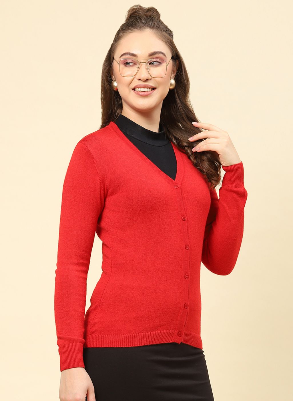 Women Red Solid Modal Nylone Cardigan