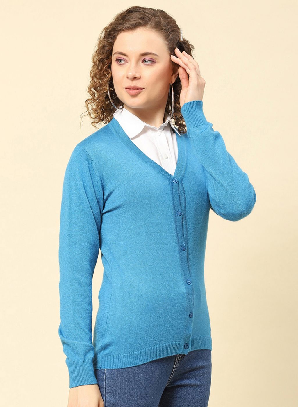 Women Blue Solid Modal Nylone Cardigan