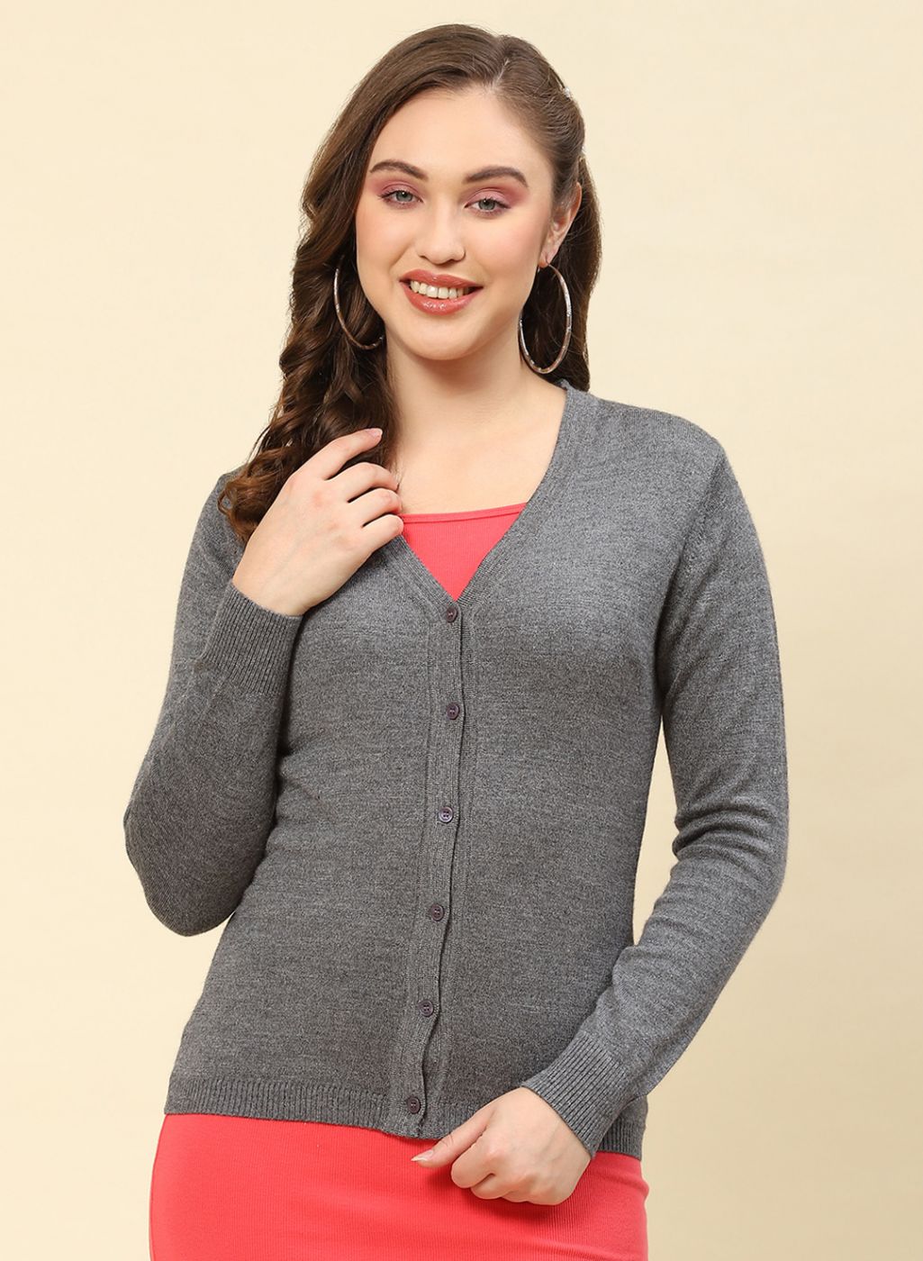 Women Grey Solid Modal Nylone Cardigan