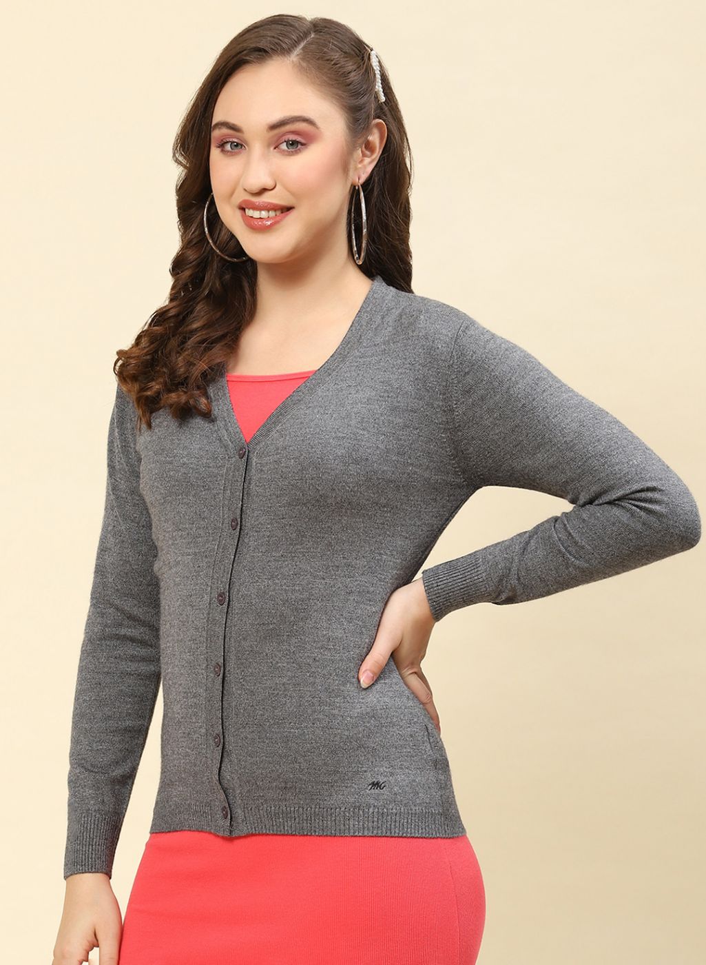 Women Grey Solid Modal Nylone Cardigan