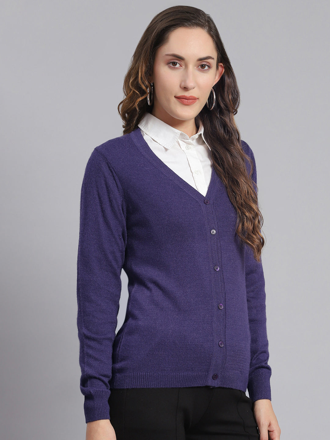 Women Purple Solid V Neck Full Sleeve Cardigans