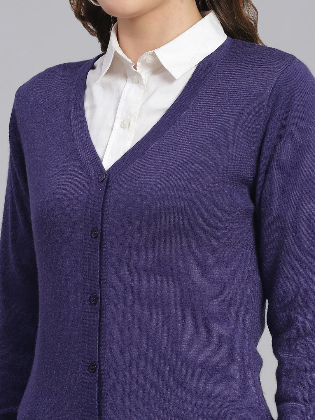 Women Purple Solid V Neck Full Sleeve Cardigans