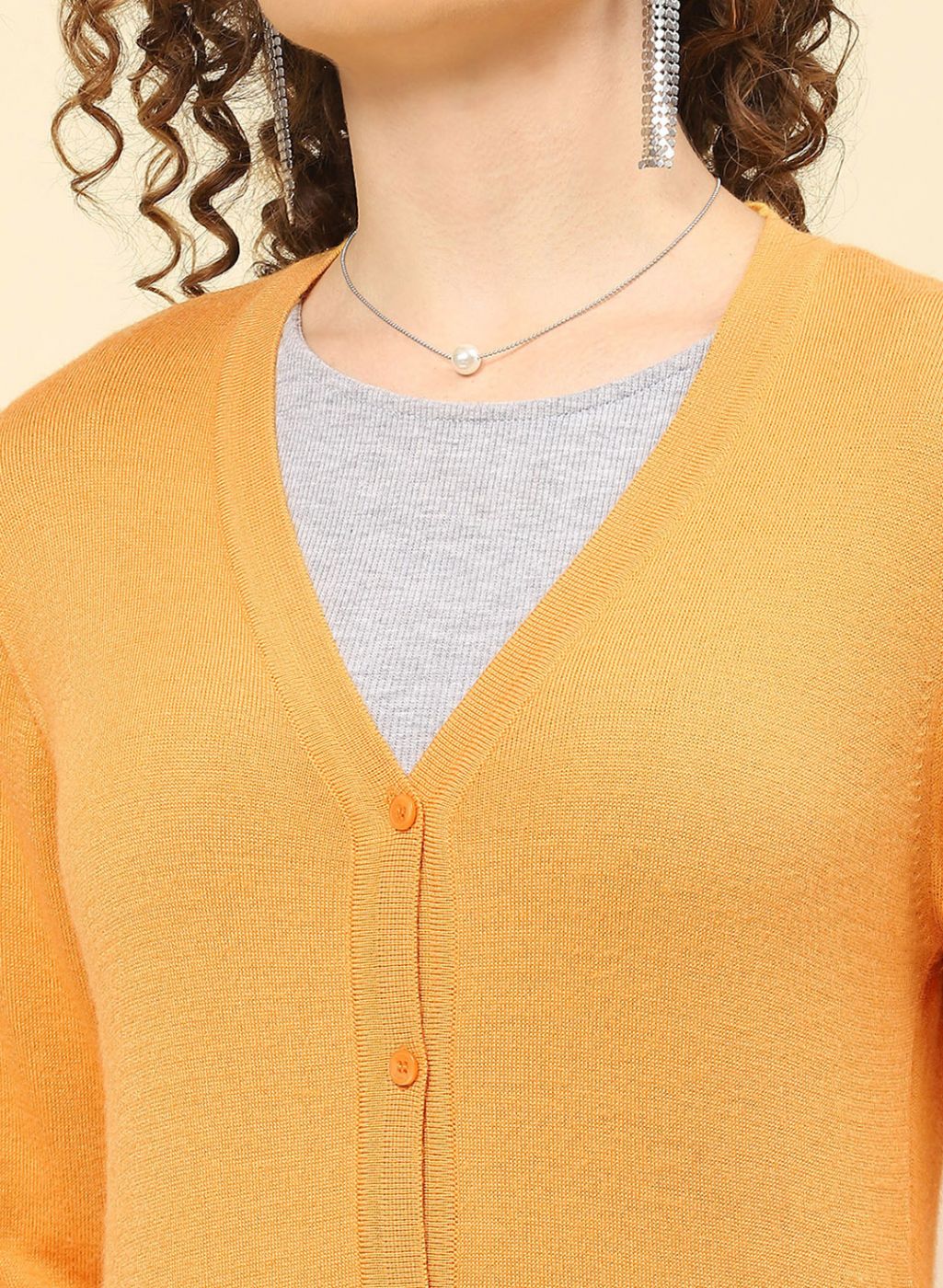 Women Yellow Solid Modal Nylone Cardigan