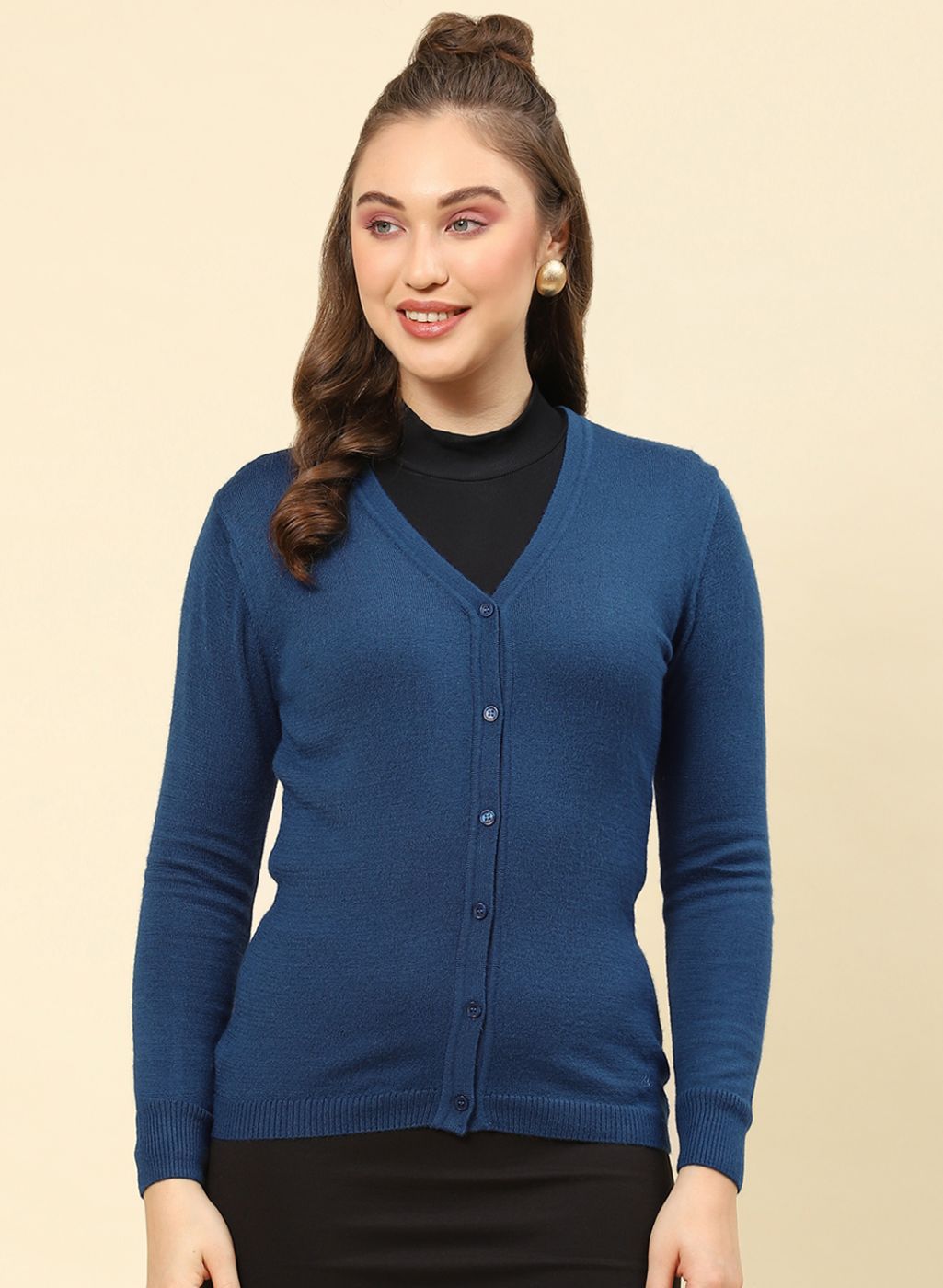 Women Teal Blue Solid Modal Nylone Cardigan