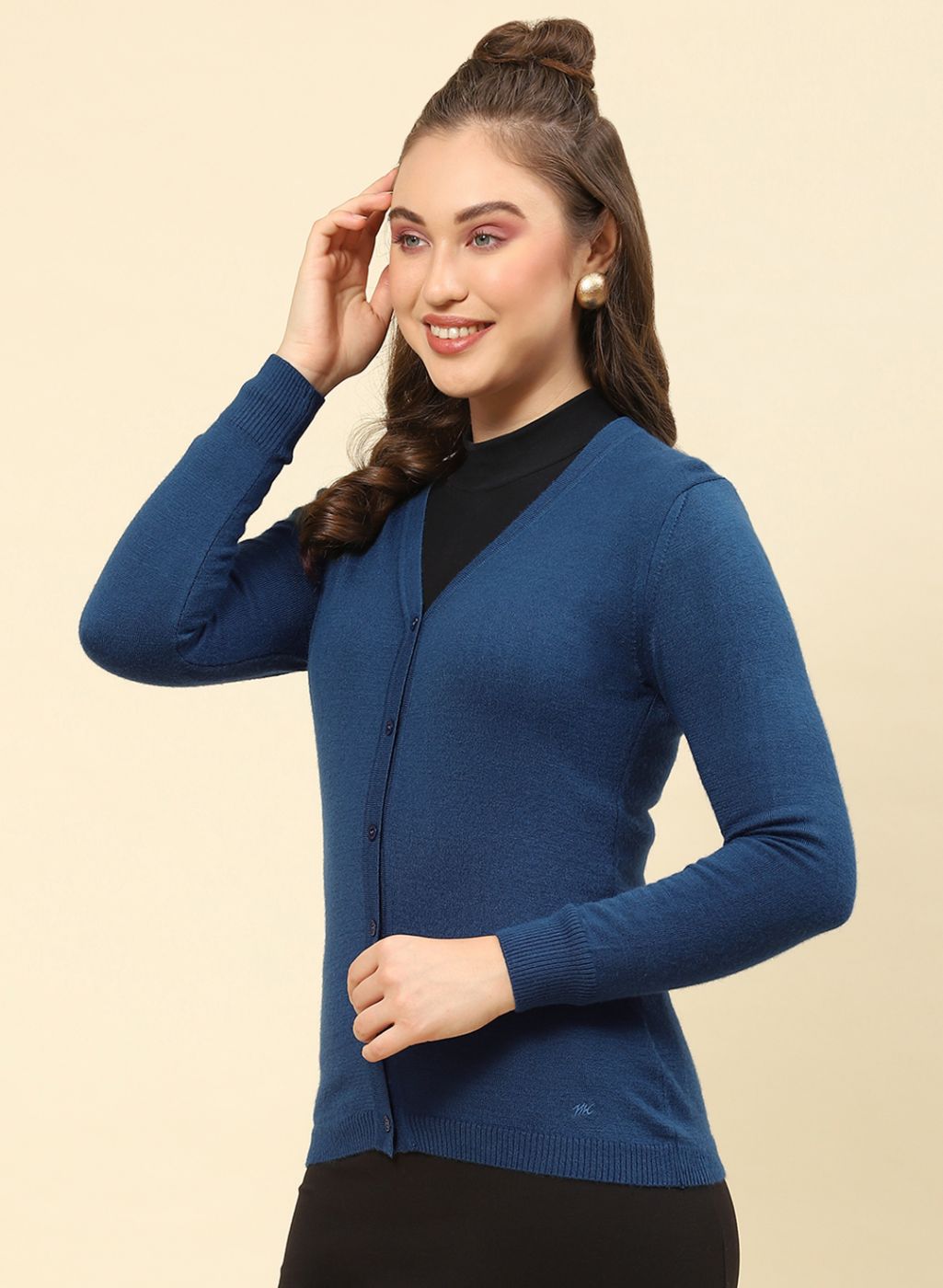 Women Teal Blue Solid Modal Nylone Cardigan