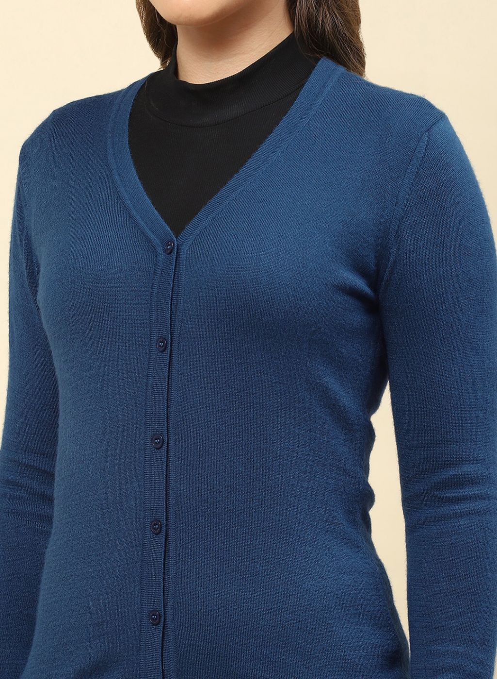 Women Teal Blue Solid Modal Nylone Cardigan