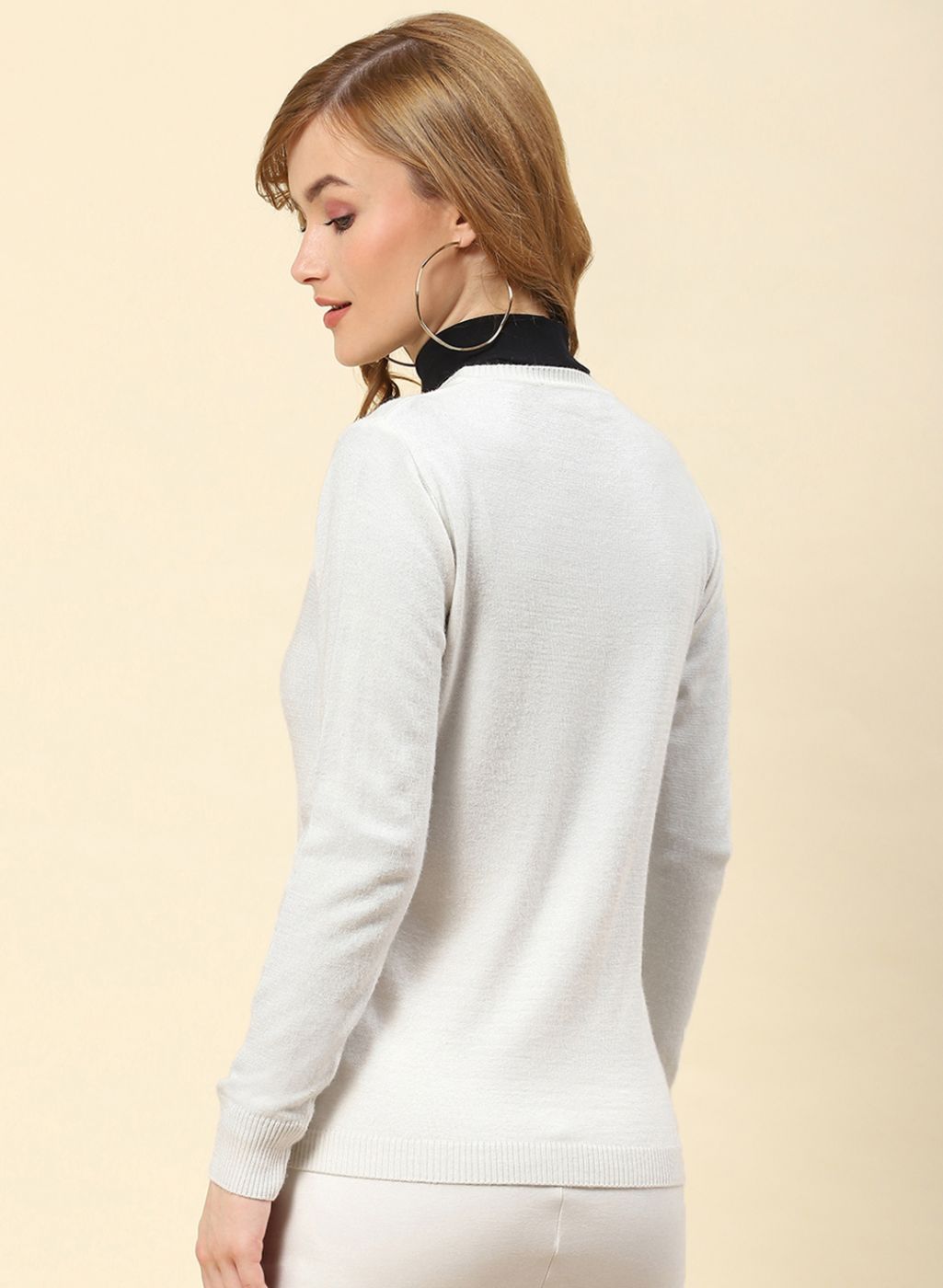 Women Off White Solid Modal Nylone Cardigan