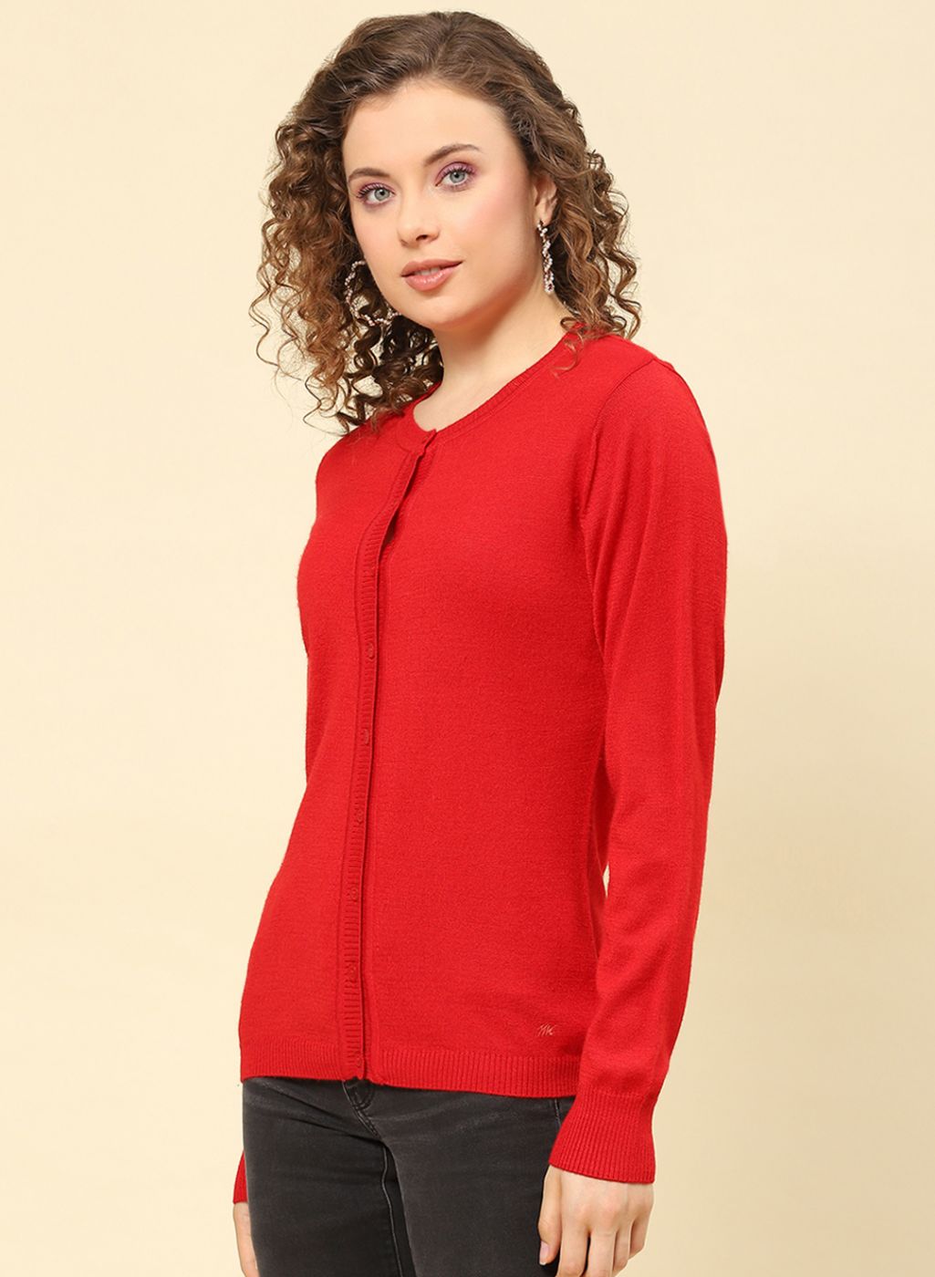 Women Red Solid Modal Nylone Cardigan