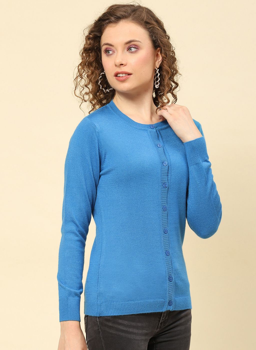 Women Blue Solid Modal Nylone Cardigan