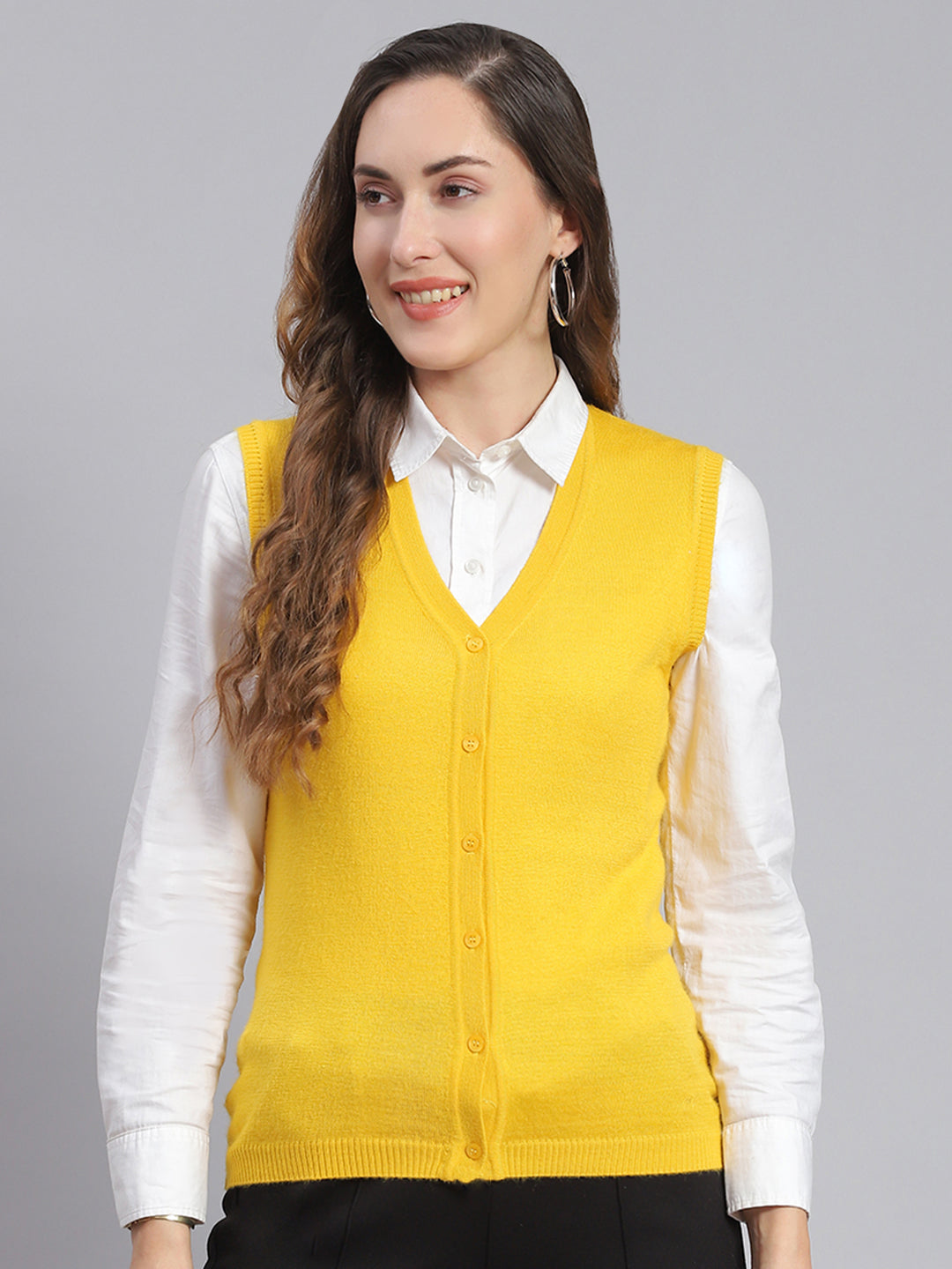 Women Yellow Solid V Neck Sleeveless Cardigans