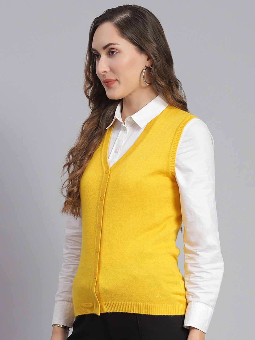 Women Yellow Solid V Neck Sleeveless Cardigans
