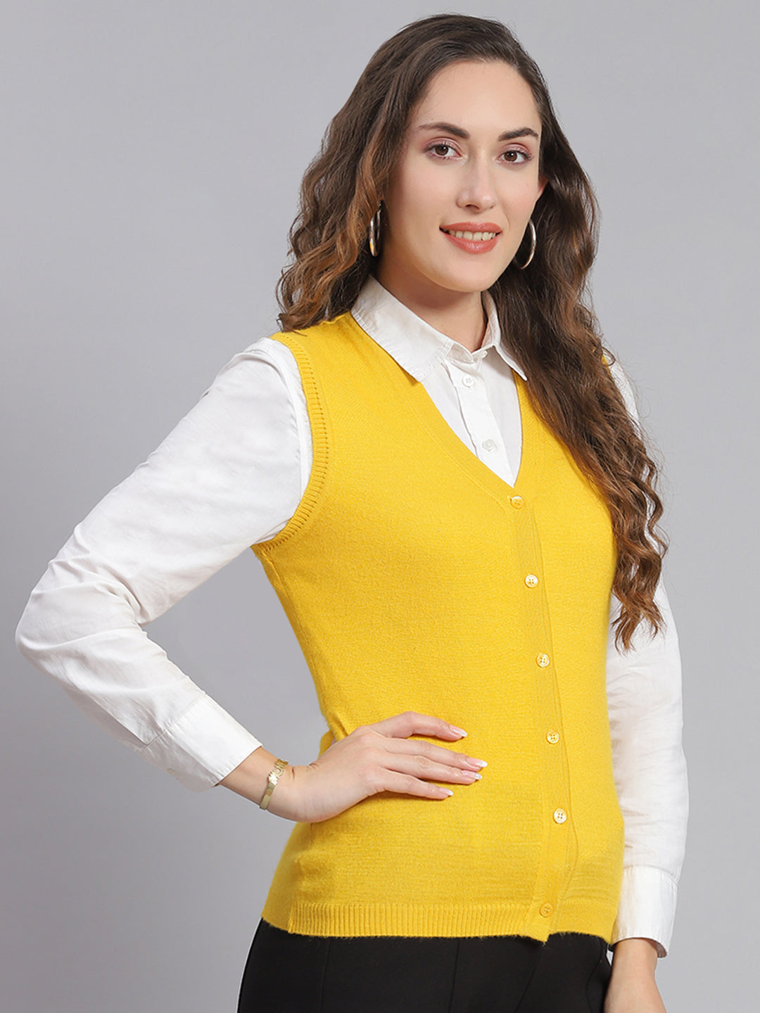 Women Yellow Solid V Neck Sleeveless Cardigans