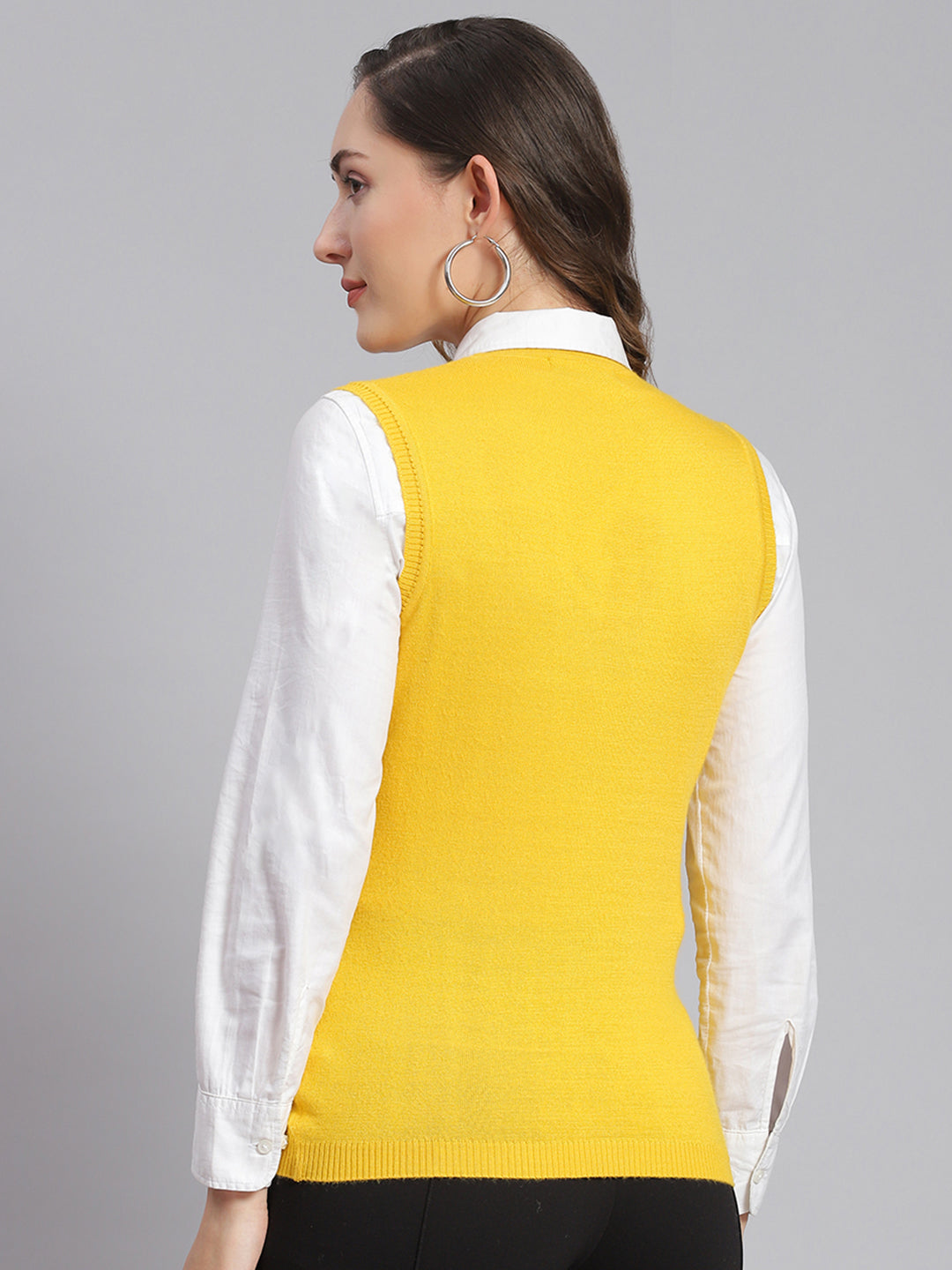 Women Yellow Solid V Neck Sleeveless Cardigans