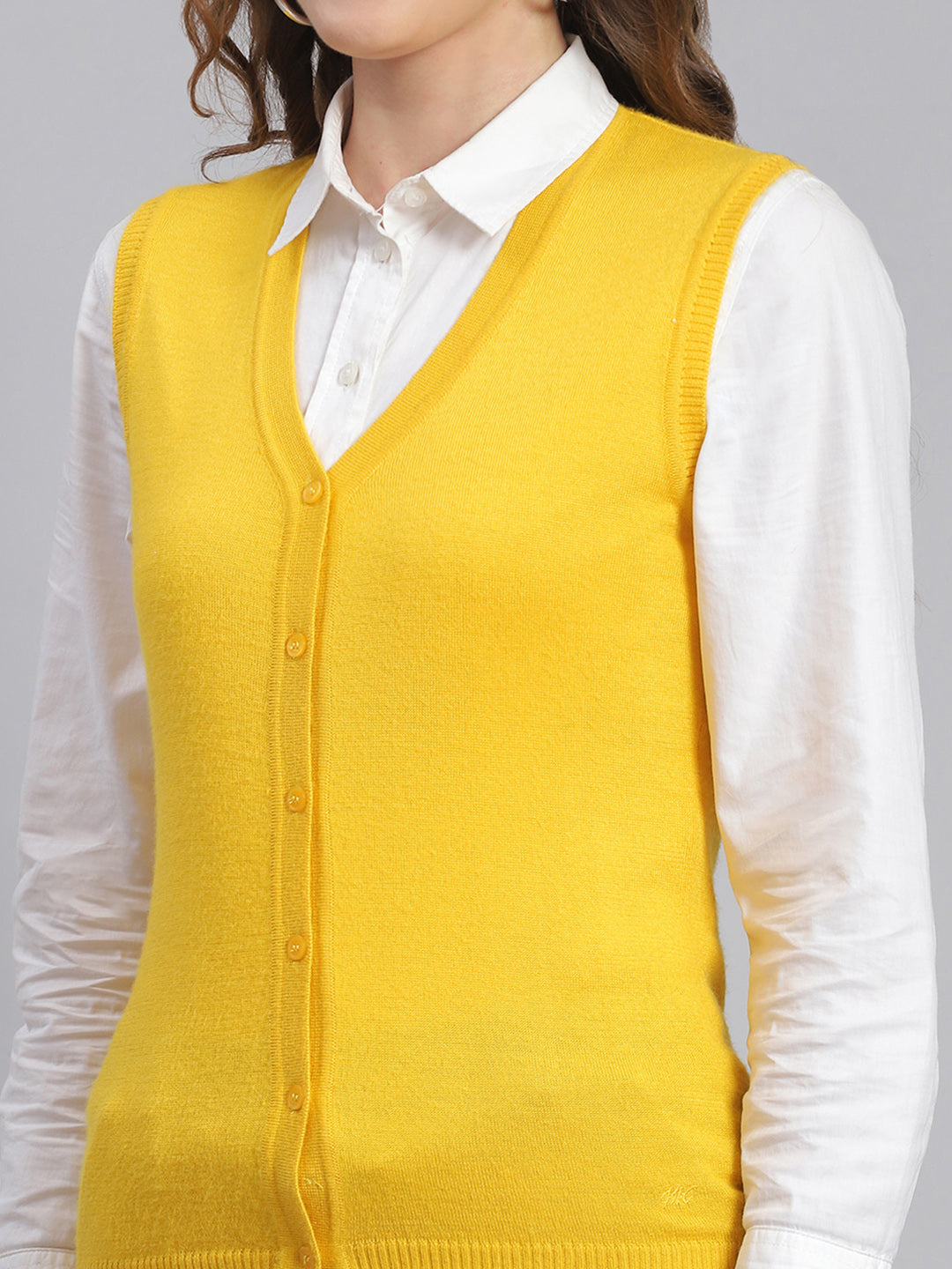 Women Yellow Solid V Neck Sleeveless Cardigans