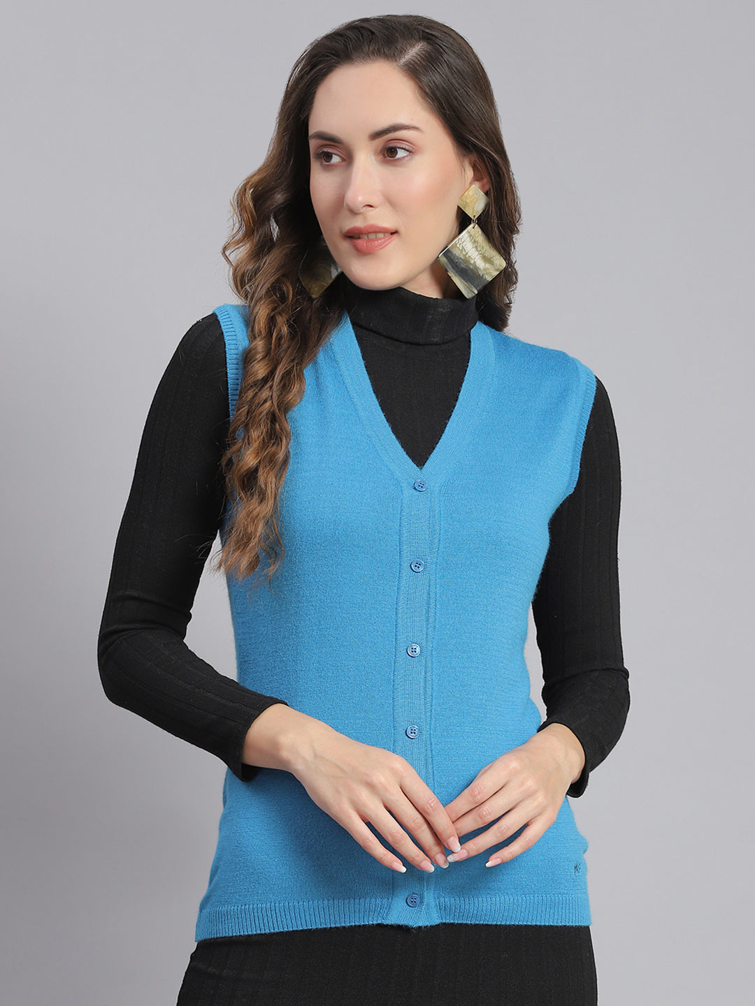 Women Blue Solid V Neck Sleeveless Cardigans
