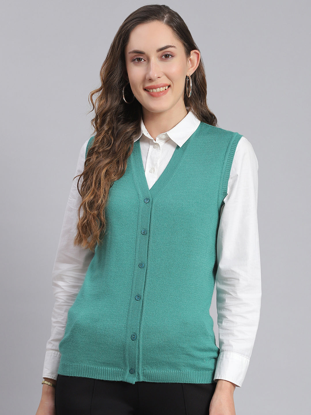 Women Teal Blue Solid V Neck Sleeveless Cardigans