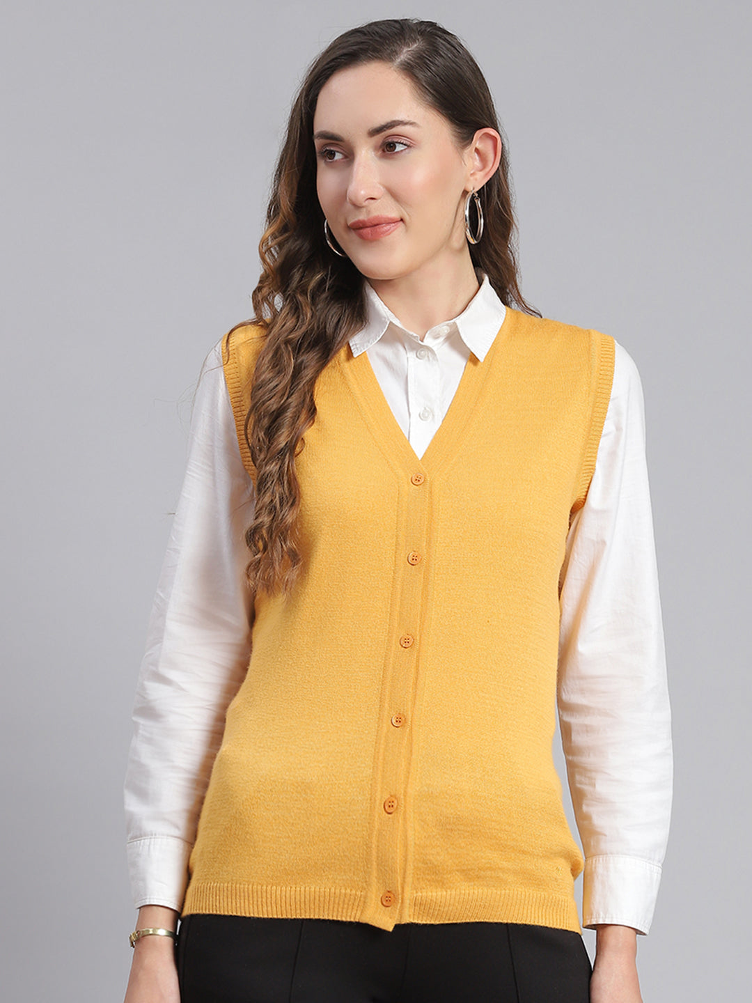 Women Yellow Solid V Neck Sleeveless Cardigans