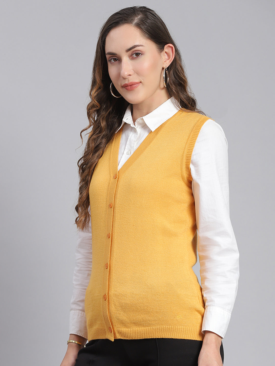 Women Yellow Solid V Neck Sleeveless Cardigans