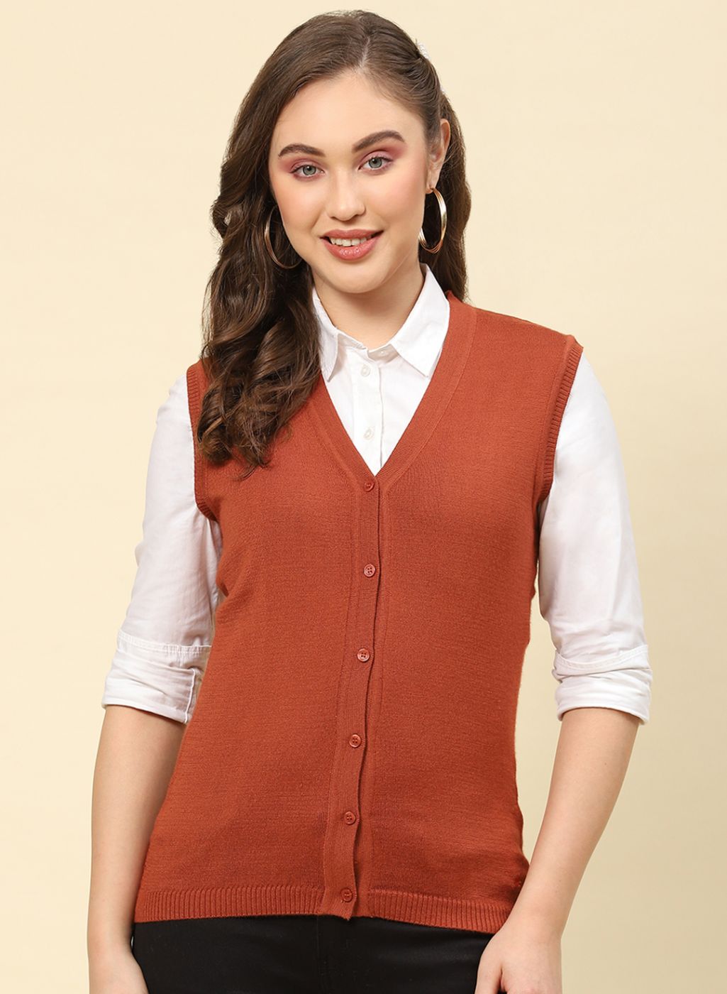 Women Rust Orange Solid Modal Nylone Cardigan